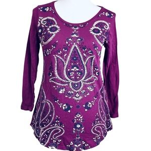 Lucky‎ Brand Womens Purple Paisley Medallion Long Sleeve Scoop Neck Cotton Tee S
